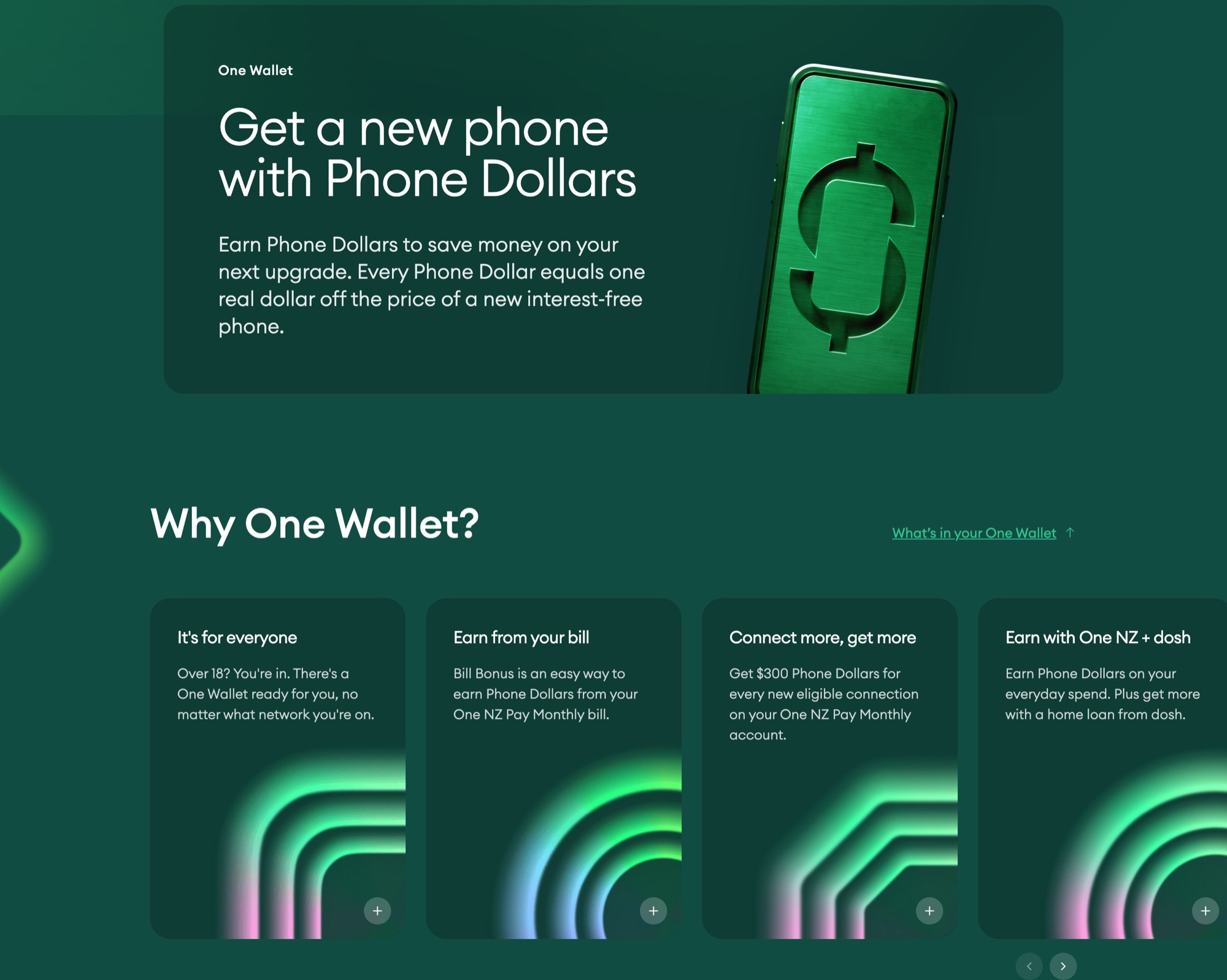 Explainer below the number field: Get a new phone with Phone Dollars. Every Phone Dollar equals one real dollar off the price of a new interest-free phone. Then ways to earn: it's for everyone, earn from your bill, connect more, get more, and earn with One NZ and dosh.