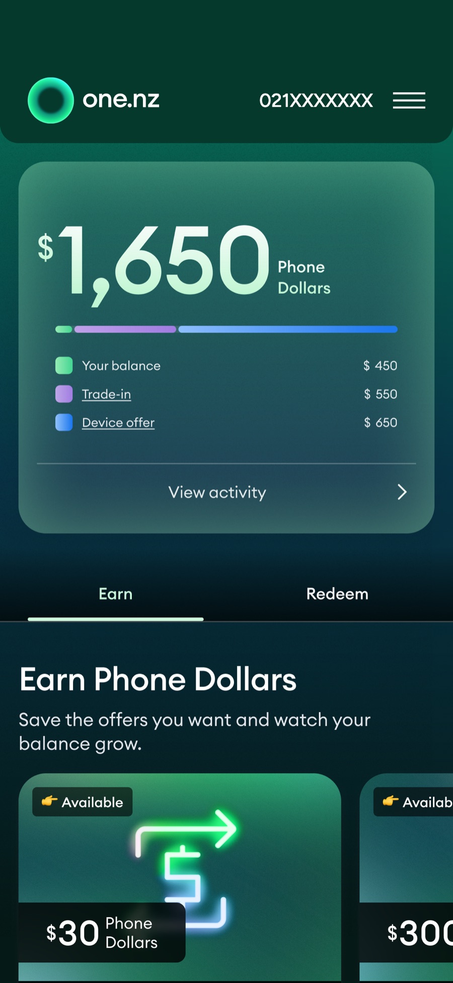 Phone Dollars balance of $1,650 split into your balance, trade-in and device offer, with offers to earn more.