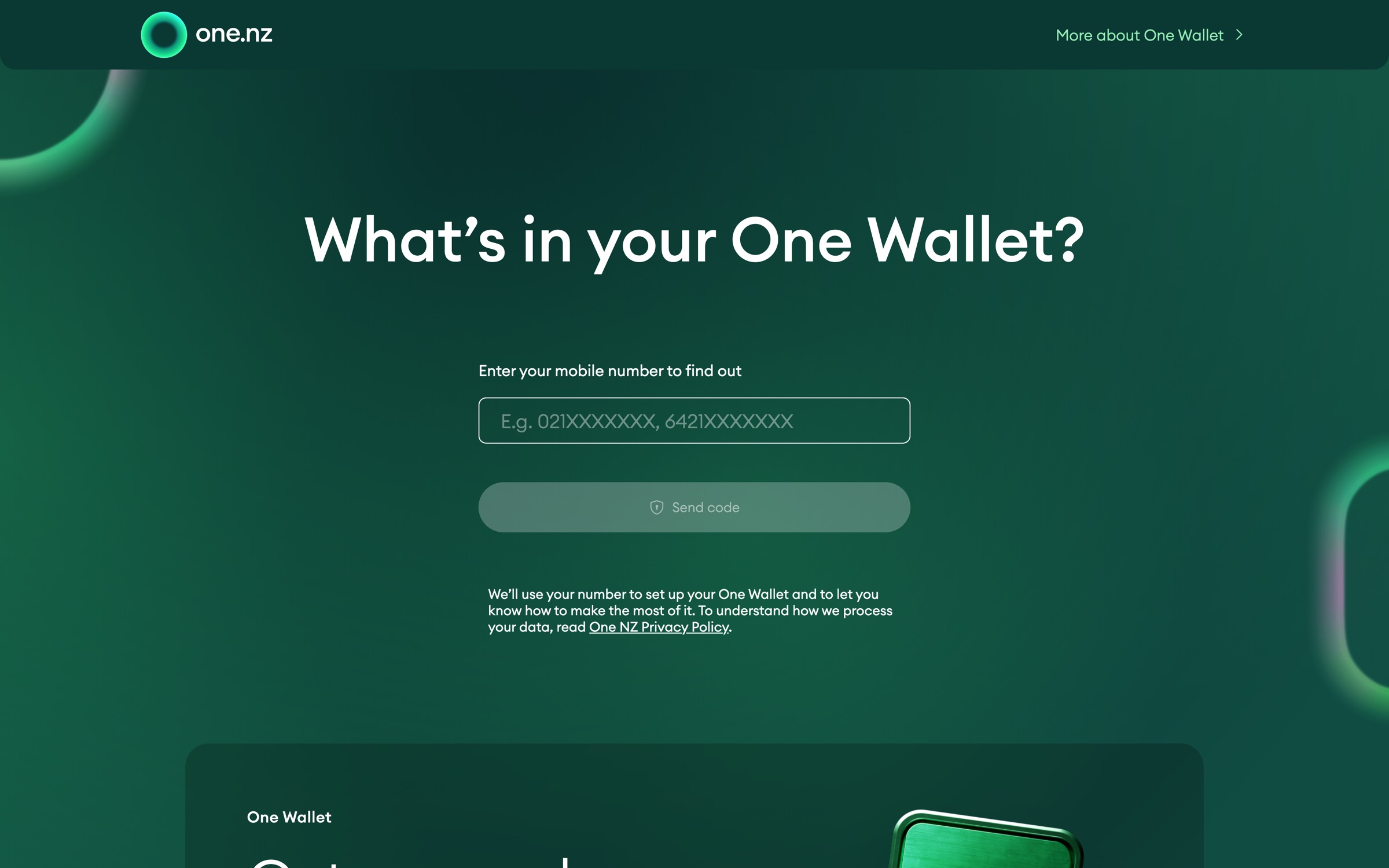 What's in your One Wallet landing page on desktop, asking for a mobile number to find out.
